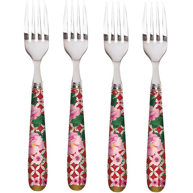 Teas And CS Silk Road Cake Fork Set Of 4 - Cherry Red